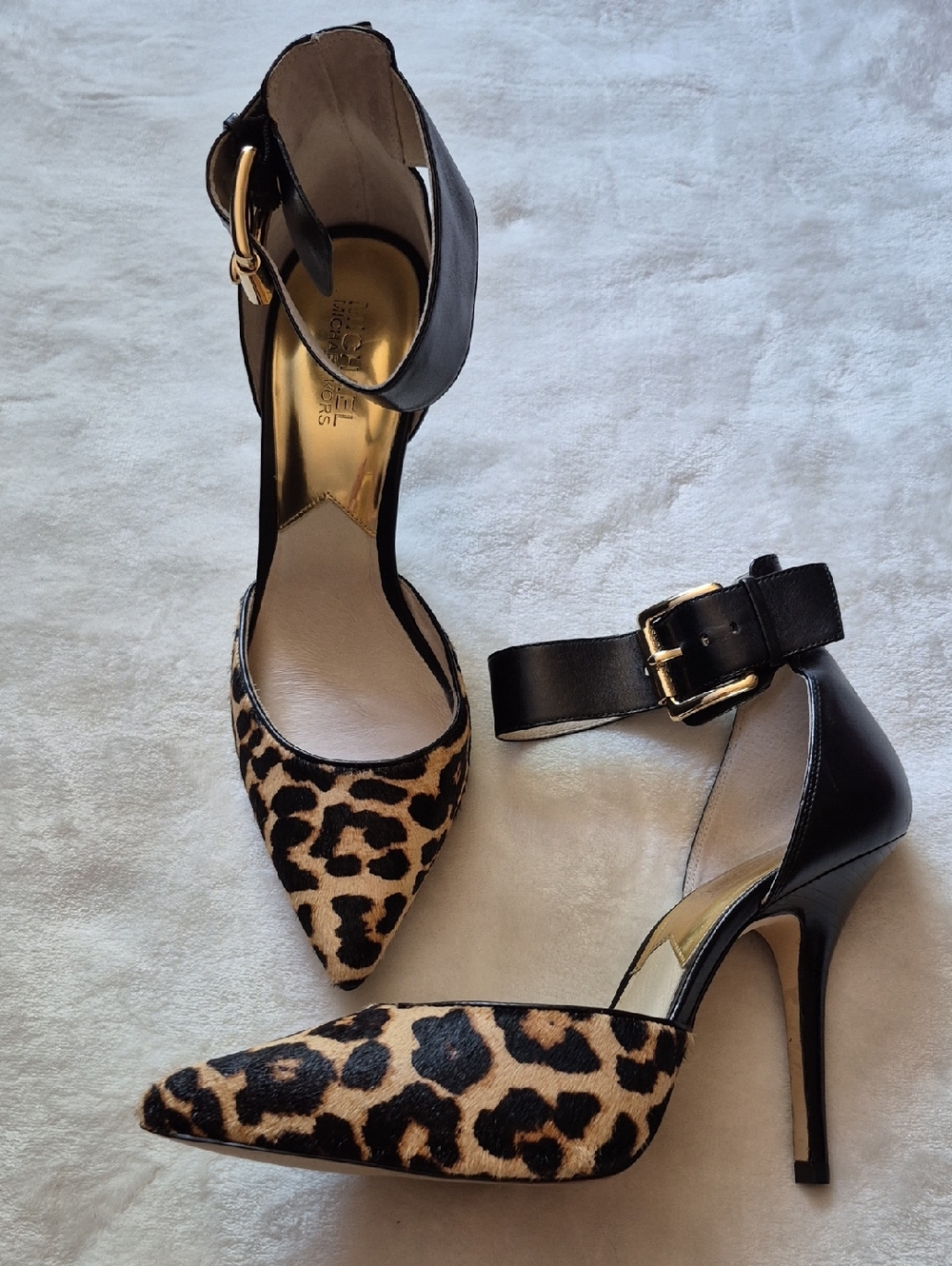 MICHAEL Michael Kors Leopard Print and Black Ankle-Strap Pumps